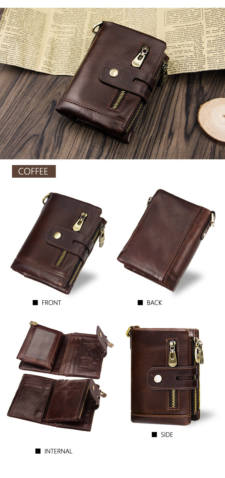 Coffee Genuine Leather Tri-Fold Wallet - Fashionable Multi-Card Men's and Women's Wallet Secondary image