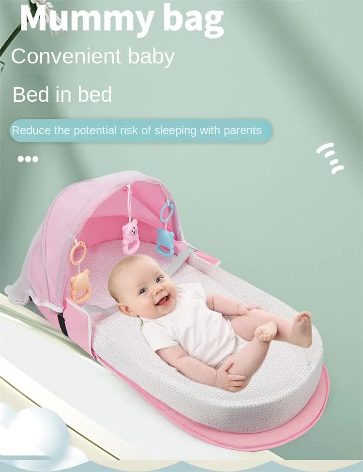Red Portable Multi-Purpose Baby Bed and Diaper Backpack - Lightweight, Waterproof, Canvas + Polyester Material, Travel Essential for Moms(With mosquito net and small toys) Secondary image