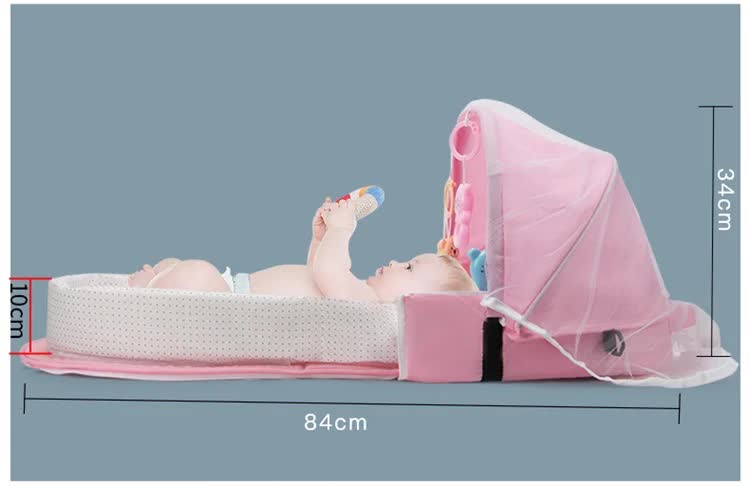 Red Portable Multi-Purpose Baby Bed and Diaper Backpack - Lightweight, Waterproof, Canvas + Polyester Material, Travel Essential for Moms(With mosquito net and small toys)