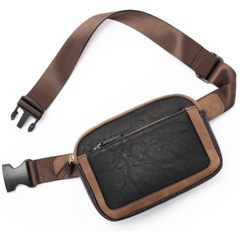 Black And Brown Color Matching Adjustable Waterproof PU Leather Waist Bag - Stylish Crossbody Belt Bag for Men & Women Main image