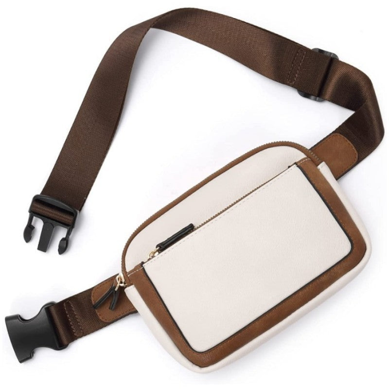 White And Brown Color Matching Adjustable Waterproof PU Leather Waist Bag - Stylish Crossbody Belt Bag for Men & Women Main image