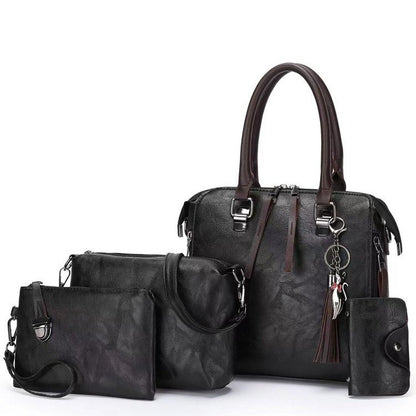 Black 4-Piece Women���s PU Leather Tote Bag Set - Vintage Handbag, Shoulder Bag, Clutch, and Card Holder - Lightweight Design