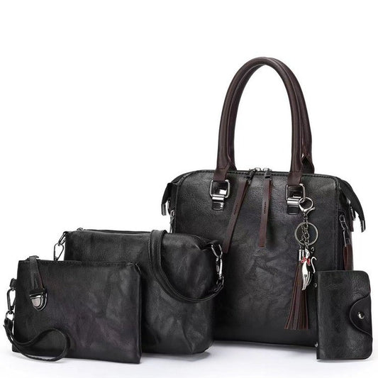 Black 4-Piece Women���s PU Leather Tote Bag Set - Vintage Handbag, Shoulder Bag, Clutch, and Card Holder - Lightweight Design