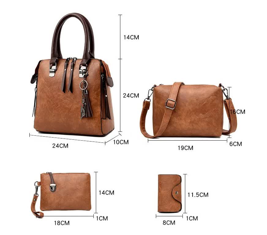 Black 4-Piece Women���s PU Leather Tote Bag Set - Vintage Handbag, Shoulder Bag, Clutch, and Card Holder - Lightweight Design