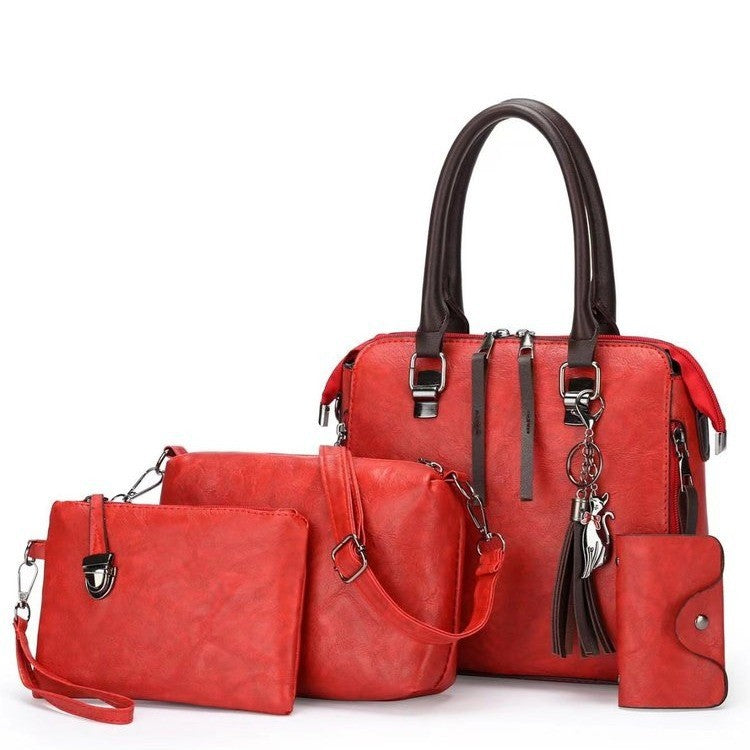 Red 4-Piece Women's PU Leather Tote Bag Set - Vintage Handbag, Shoulder Bag, Clutch, and Card Holder - Lightweight Design Main image