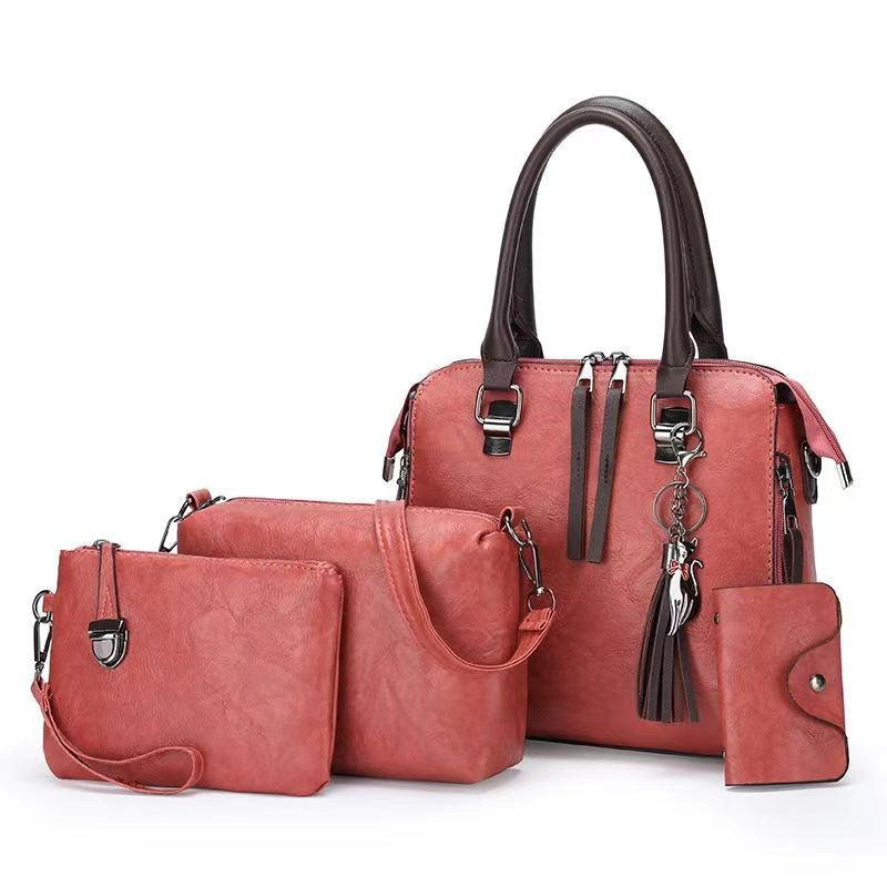 Pink 4-Piece Women's PU Leather Tote Bag Set - Vintage Handbag, Shoulder Bag, Clutch, and Card Holder - Lightweight Design Main image