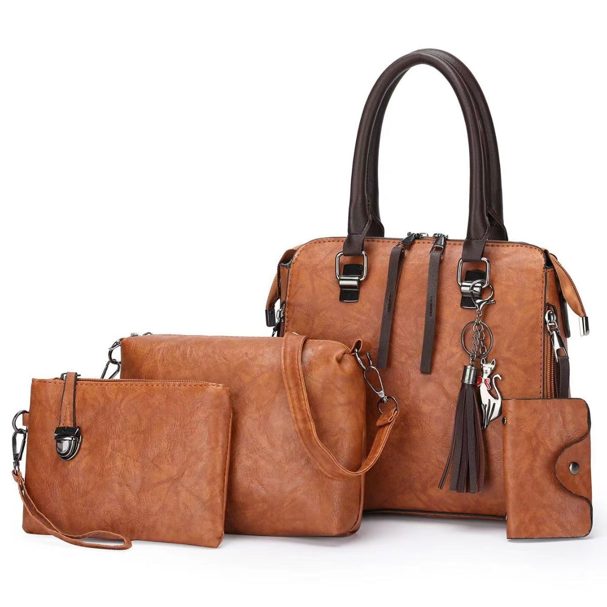 Brown 4-Piece Women's PU Leather Tote Bag Set - Vintage Handbag, Shoulder Bag, Clutch, and Card Holder - Lightweight Design Main image