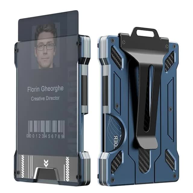 1 Pcs Blue Premium RFID Blocking Aluminum Alloy ID Badge Holder with Transparent Card Slot & Money Clip Main image
