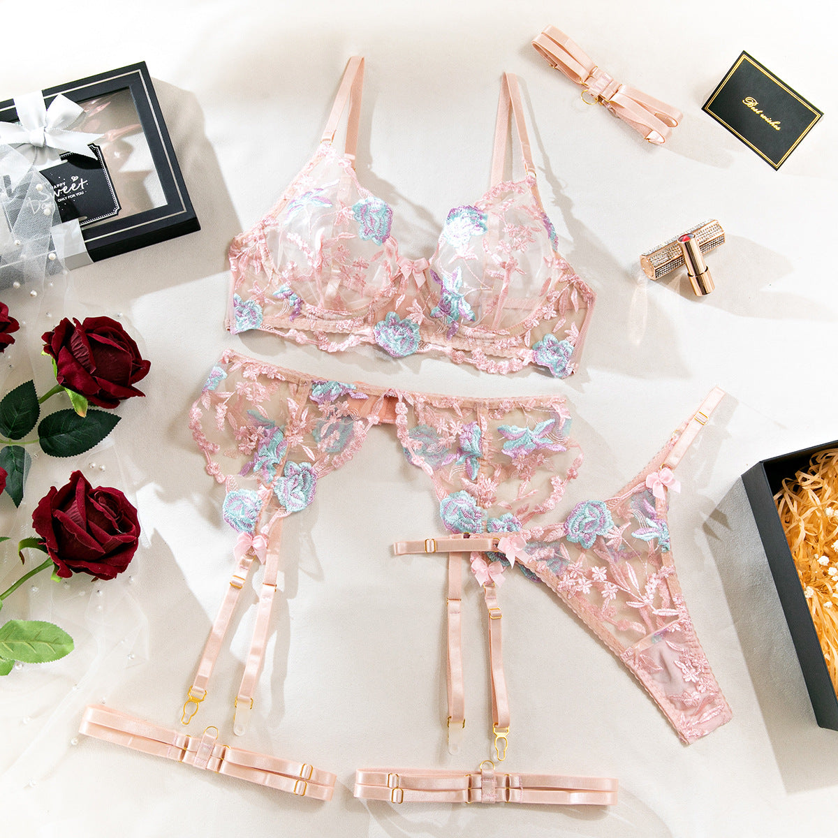 Elosung Sexy Sheer Floral Embroidery Lingerie Set Pink Women's Lingerie Elosung Main image