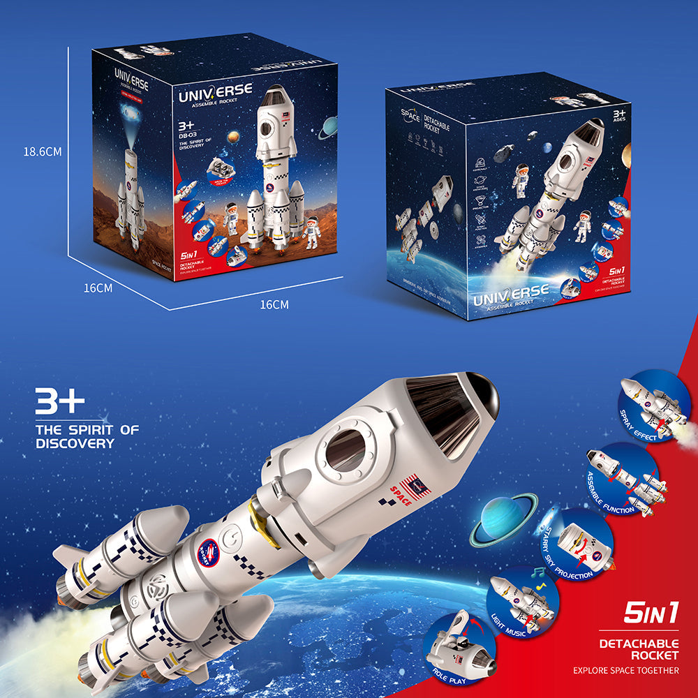 Simple packaging 5in1 Shuttle Rocket Space Toy Projection For 3+Kids 2Astronauts Launcher Lamp AU Main image