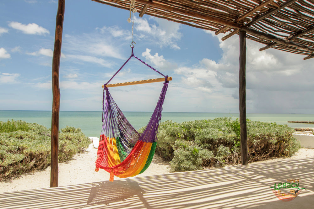 Mayan Legacy Extra Large Outdoor Cotton Mexican Hammock Chair in Rainbow Colour Main image