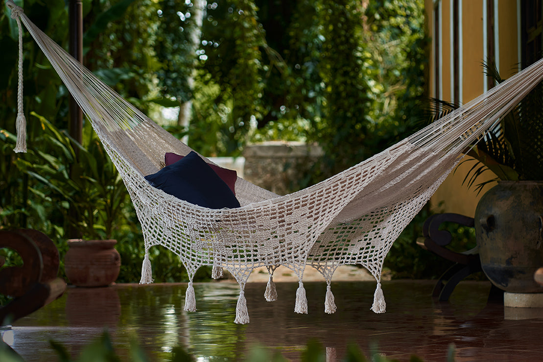 Outdoor undercover cotton Mayan Legacy hammock with hand crocheted tassels King Size Marble Main image