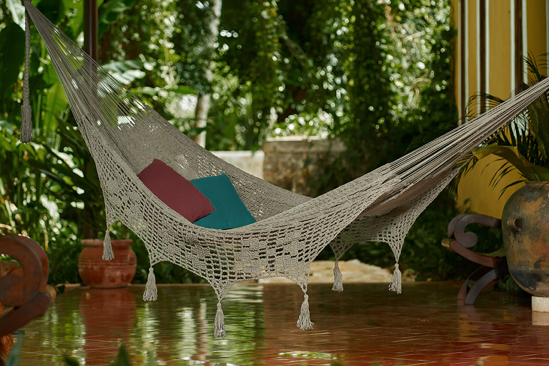 Outdoor undercover cotton Mayan Legacy hammock with hand crocheted tassels King Size Dream Sands Main image