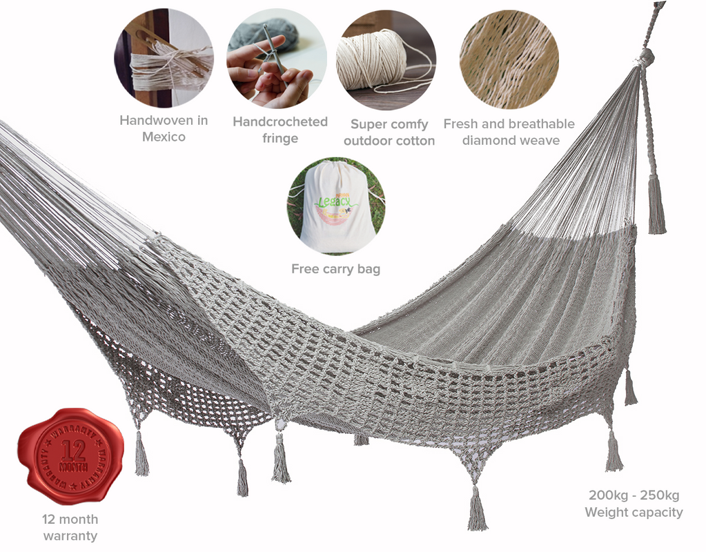 Outdoor undercover cotton Mayan Legacy hammock with hand crocheted tassels King Size Dream Sands Main image