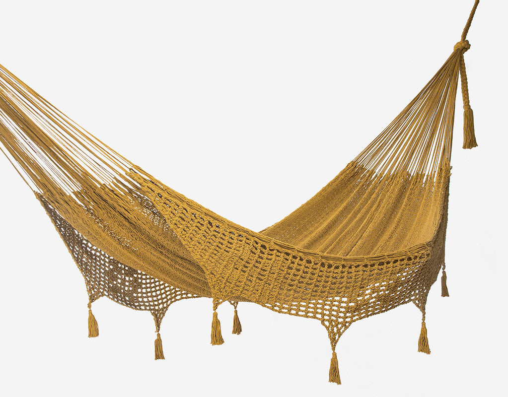 Outdoor undercover cotton Mayan Legacy hammock with hand crocheted tassels King Size Mustard Main image