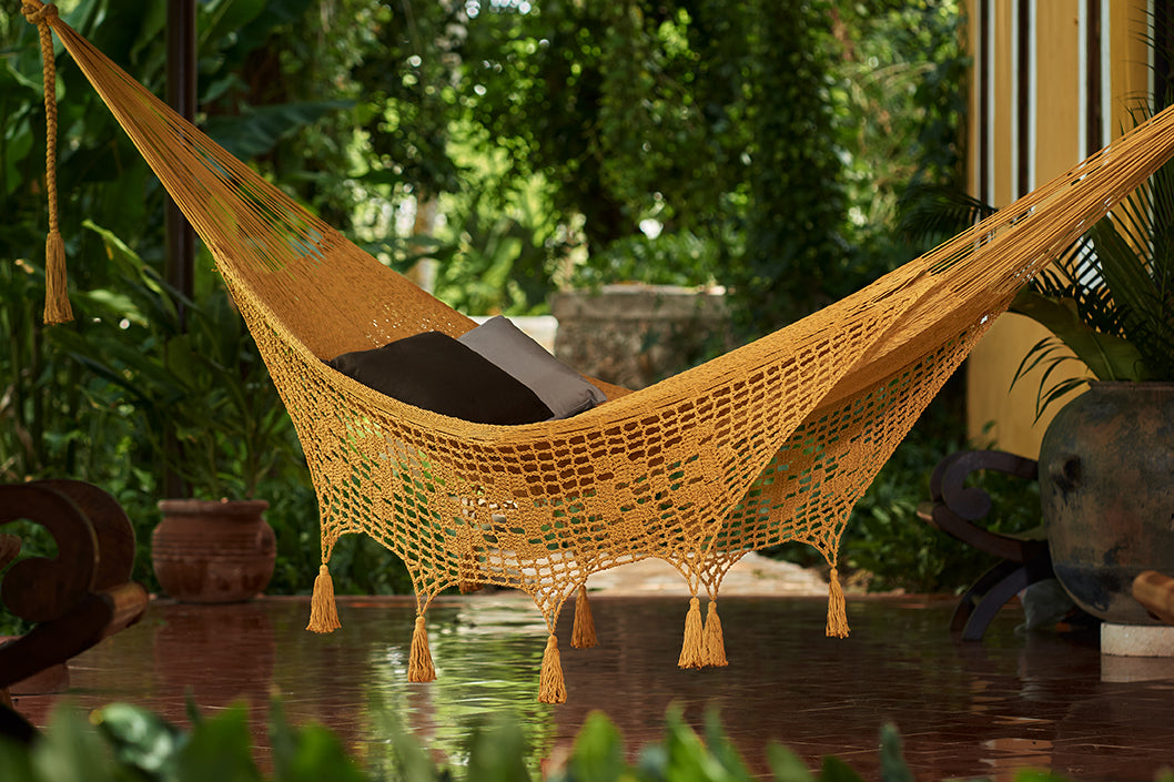 Outdoor undercover cotton Mayan Legacy hammock with hand crocheted tassels King Size Mustard Secondary image
