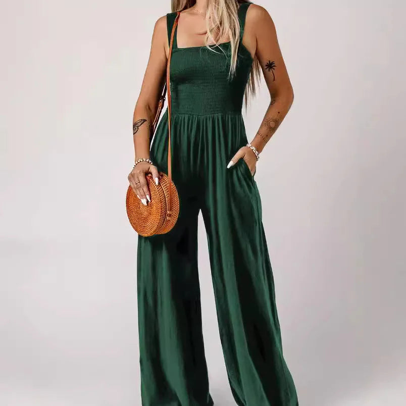 Women's Smocked Square Wide Leg Jumpsuit