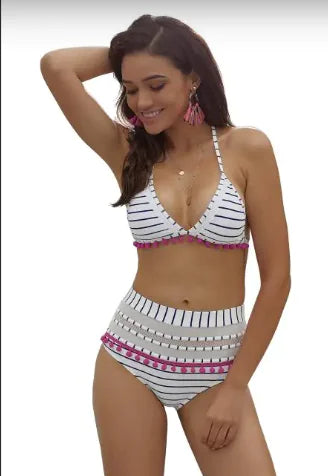 Women's Blue White Striped Pom Pom Bikini
