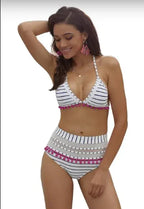 Women's Blue White Striped Pom Pom Bikini