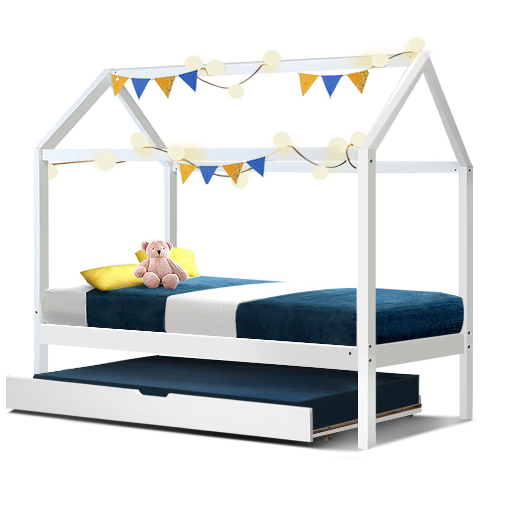 Artiss Bed Frame Wooden Trundle Daybed Kids House Frame White HOLY Main image
