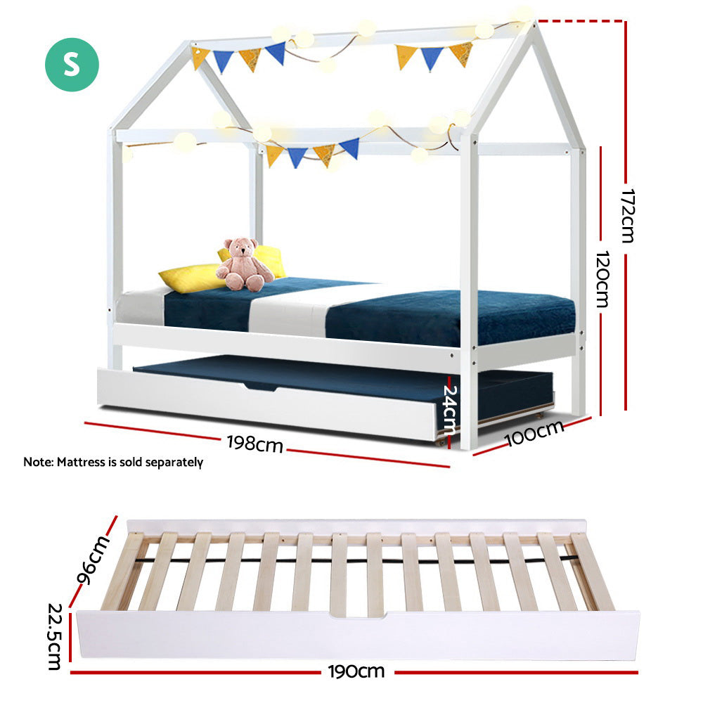Artiss Bed Frame Wooden Trundle Daybed Kids House Frame White HOLY Secondary image