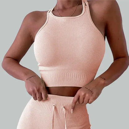 Backless Bra Strap Vest High Waist Leggings Shorts Fashion Sportswear
