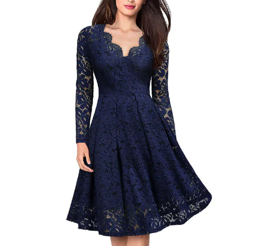 Women's Long Sleeve Tulle Skirt Lace A Line Dress