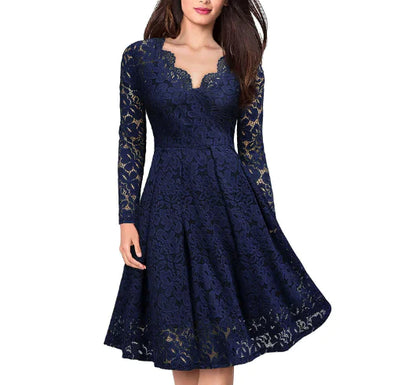 Women's Long Sleeve Tulle Skirt Lace A Line Dress