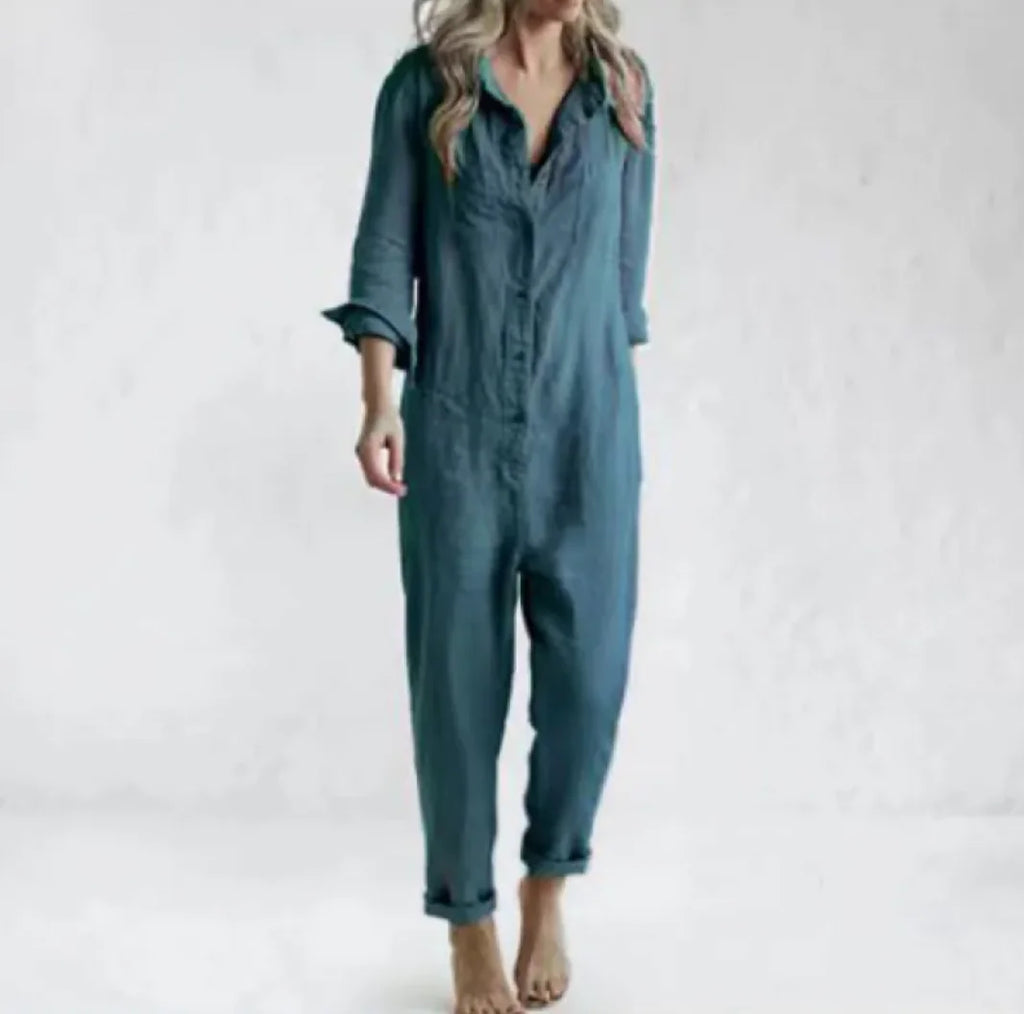 Womens Casual Long Sleeve Button Jumpsuit