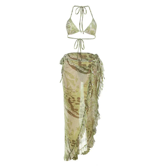 Women's 3 Piece Printed Bikini Skirt Set