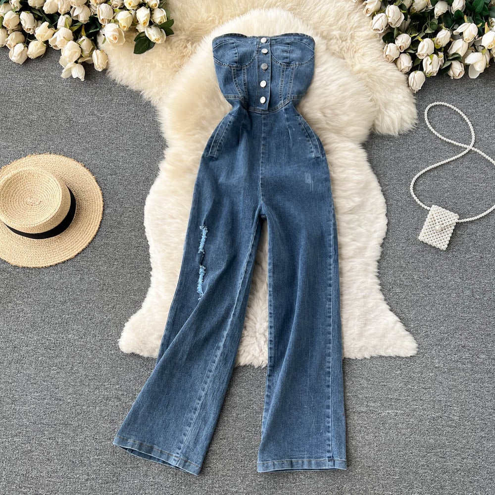 "Hot Girl High Waist Denim Tube Top Jumpsuit for Women" Secondary image