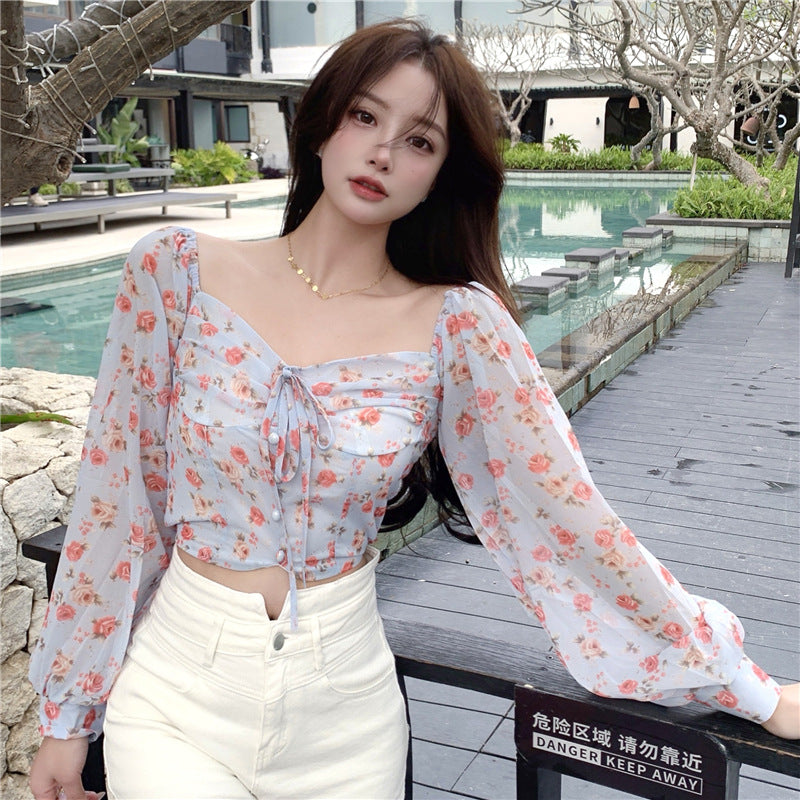 Women's Floral One Shoulder Short Chiffon Shirt