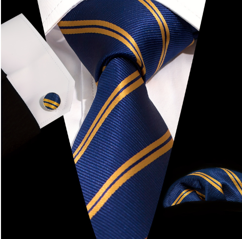 Men's Striped Tie Set With Pocket Square & Cufflinks