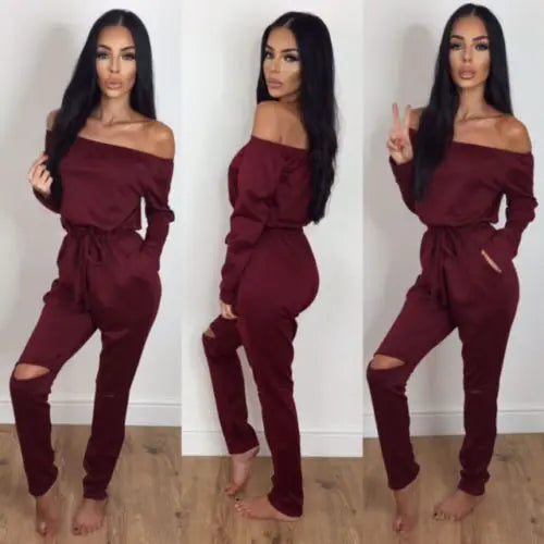 Women's Off Shoulder Ripped Jumpsuit