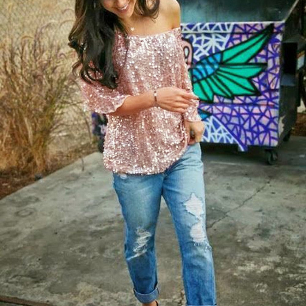 Women's Stylish Sequin Off Shoulder T Shirt