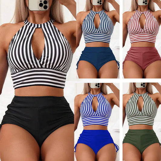 Women's High Neck Striped Bikini Two Piece Set
