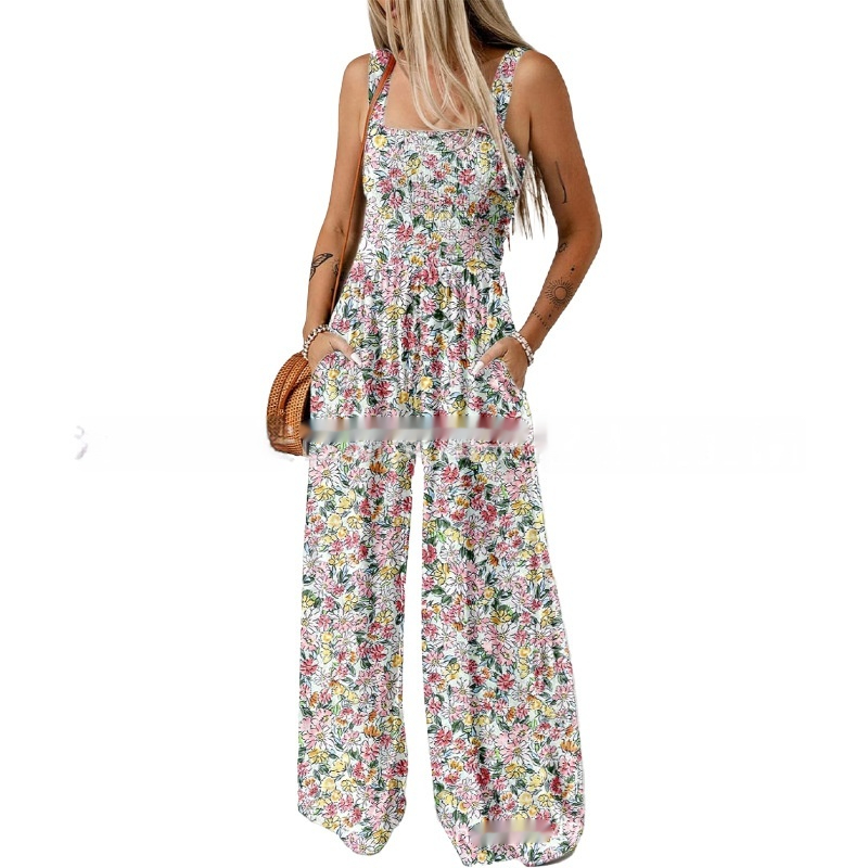 Women's Bohemian Floral Spaghetti Strap Wide-Leg Jumpsuit for Women