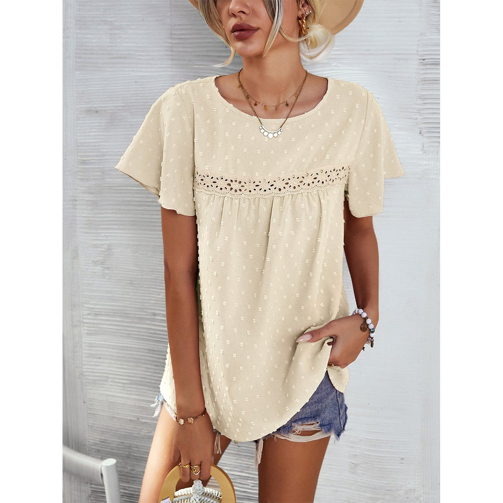 Women's Solid Color Lace Babydoll Short Sleeve Tops