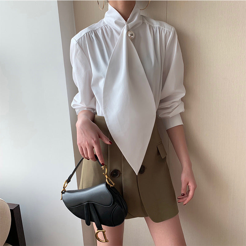 Women's Pearl Scarf Collar White Shirt
