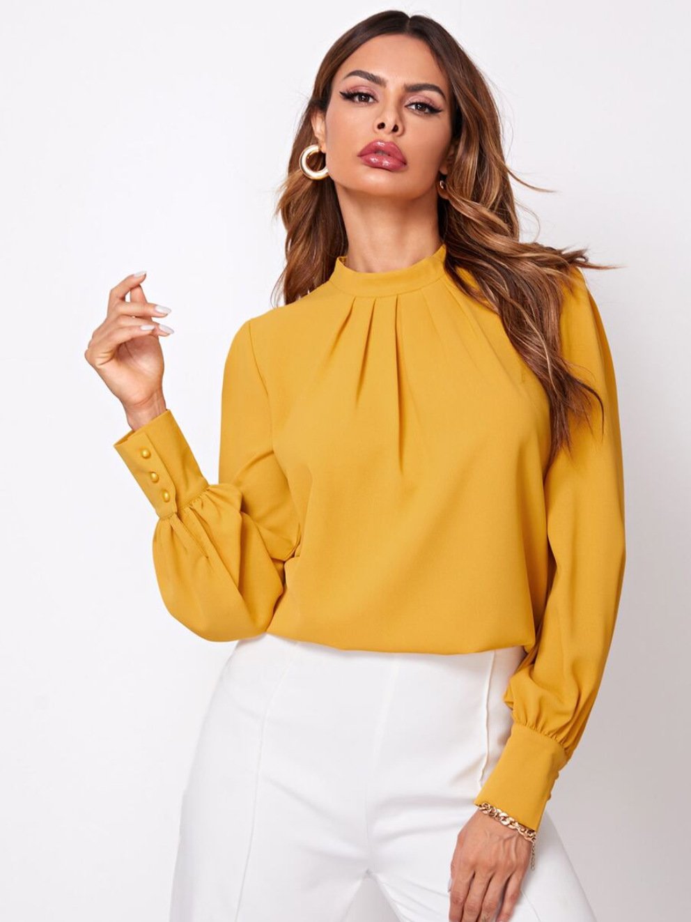 Women's Pleated Stand Collar Chiffon Shirt