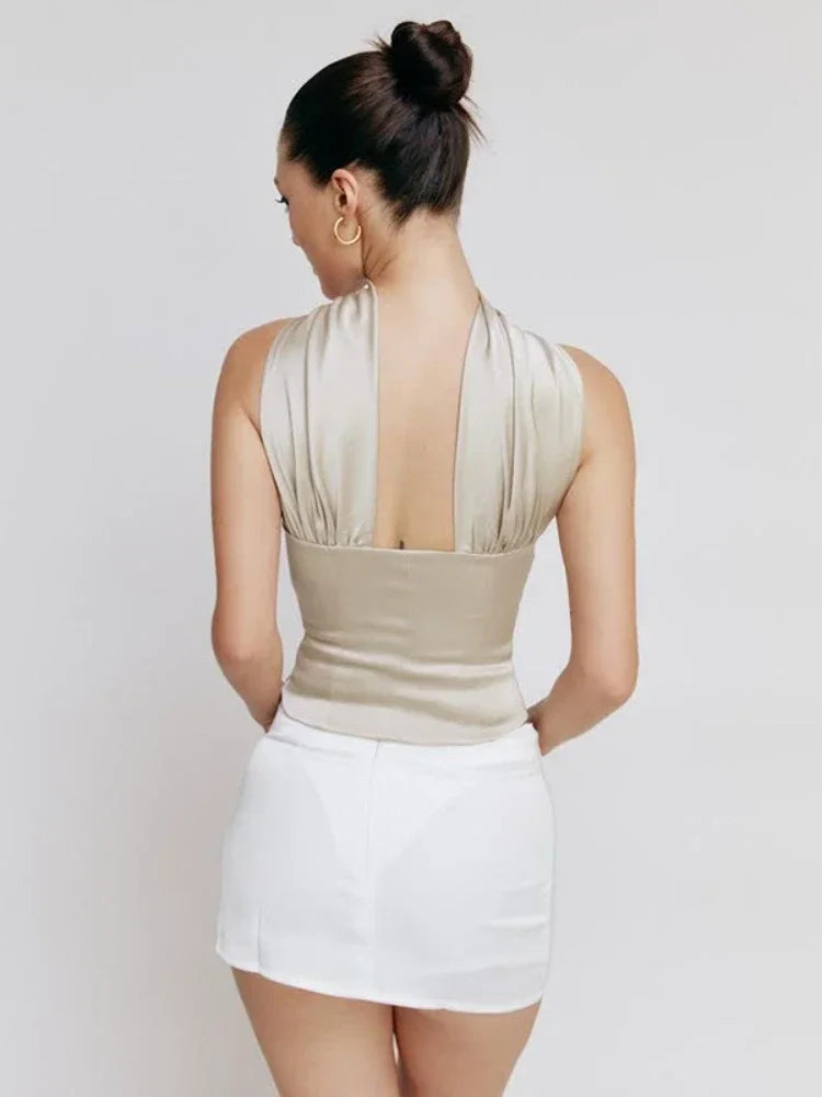 Women's Halter Backless Satin Crop Tops ILLUSION CO