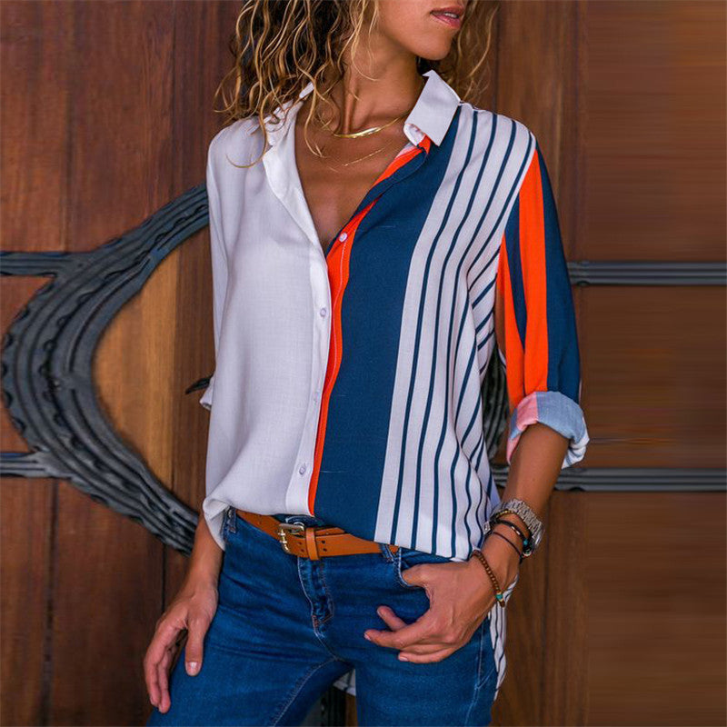 Women's Striped Chiffon Long Sleeve Shirt