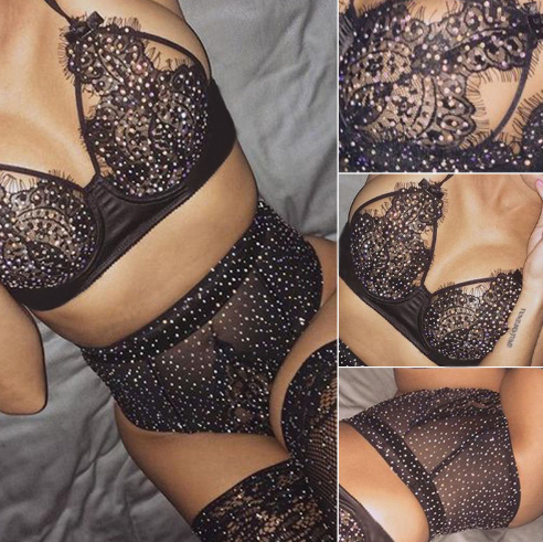 Women's Lace & Mesh Rhinestone Lingerie Set Women's Lingerie Unbranded Black S