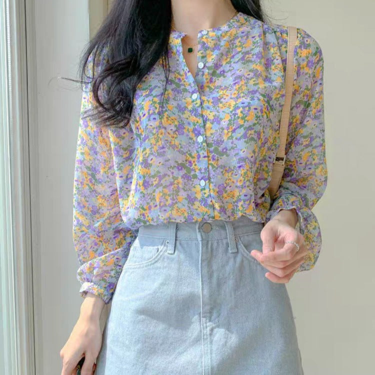 Women's Floral Chiffon Long Sleeve Shirt