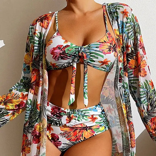 Women's Three Piece Bikini Set With Floral Pattern