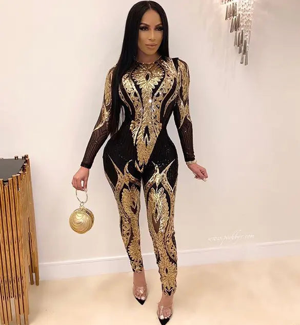 Women's Sequin Long Sleeve Sheer Jumpsuit