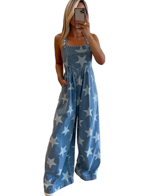 Women's Star Print Denim Romper