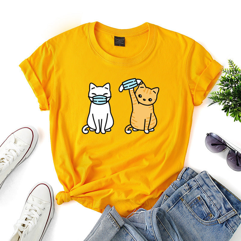 Women's Cartoon Cat Short Sleeve T Shirt