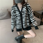 Women's Zebra Print Knitted Cardigan - Loose V-Neck