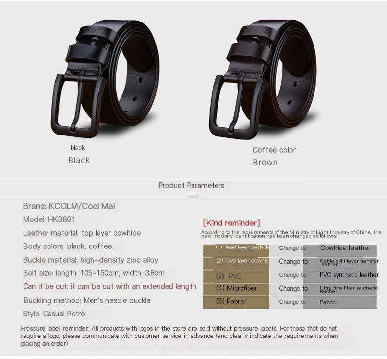 Men's Genuine Leather Belt - Black Simple Design Men's Belt Unbranded